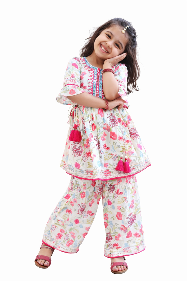 Girls' 100% Cotton Floral Print Sharara Set with Tassels