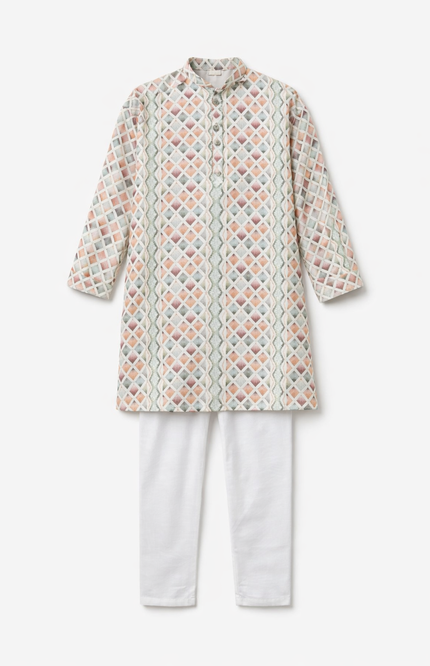 Infant Boys' Sage and Ochre Chevron Print Kurta with White Pajamas