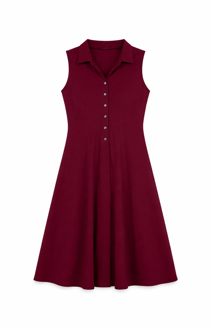 Women's Sleeveless Maroon A-Line Dress with Button-Down Front