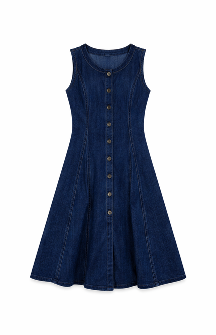 Women's Sleeveless Dark Wash Denim A-Line Dress with Button-Down Front