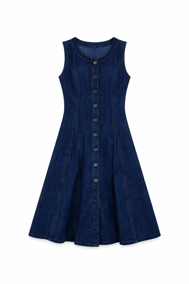 Women's Sleeveless Dark Wash Denim A-Line Dress with Button-Down Front