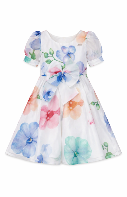 Girls' White Botanical Floral Party Dress with Statement Waist Bow