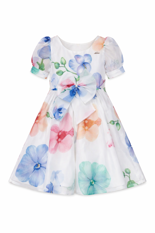 Girls' White Botanical Floral Party Dress with Statement Waist Bow