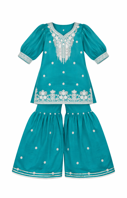 Girls' Teal Green Embroidered Kurti and Sharara Set with Puff Sleeves