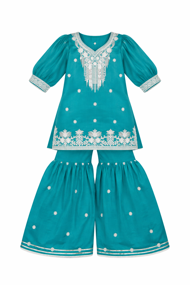 Girls' Teal Green Embroidered Kurti and Sharara Set with Puff Sleeves