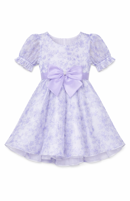 Girls' Lavender Floral Print Party Dress with Statement Organza Bow