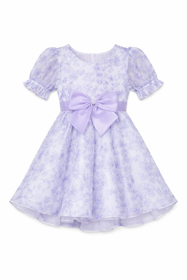 Girls' Lavender Floral Print Party Dress with Statement Organza Bow