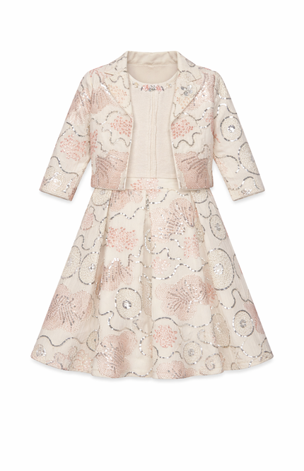 Girls' Rose Gold Sequin Party Dress with Matching Cropped Jacket
