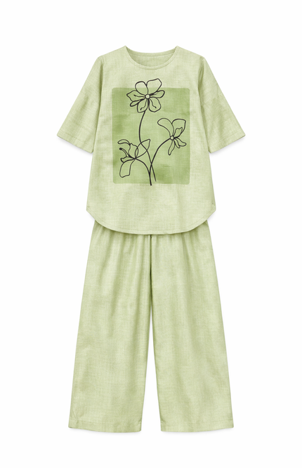 irls' Sage Green Floral Graphic Co-ord Set with Wide-Leg Palazzo Pants