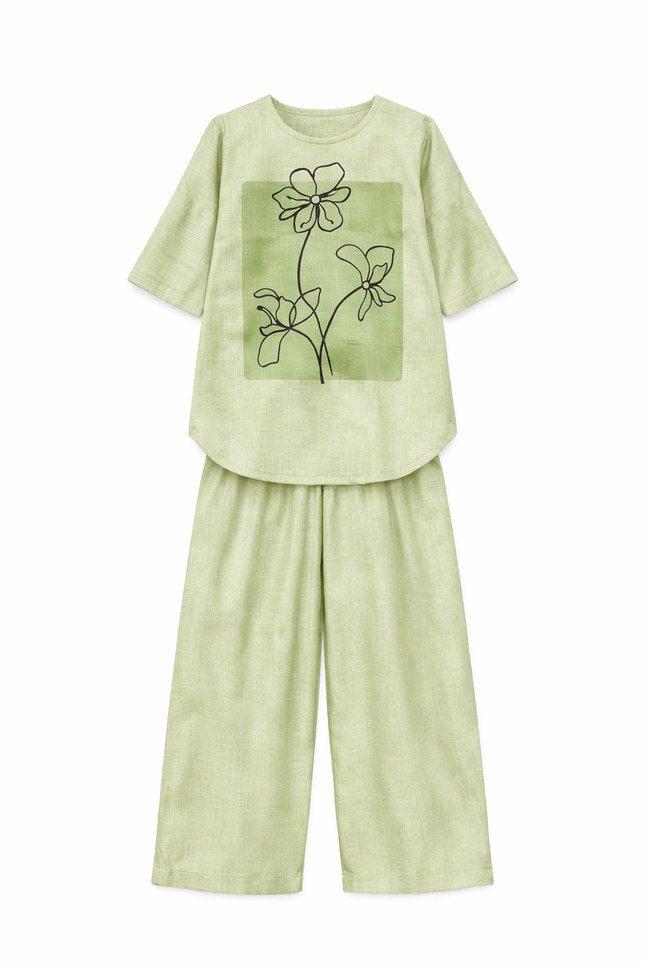 irls' Sage Green Floral Graphic Co-ord Set with Wide-Leg Palazzo Pants