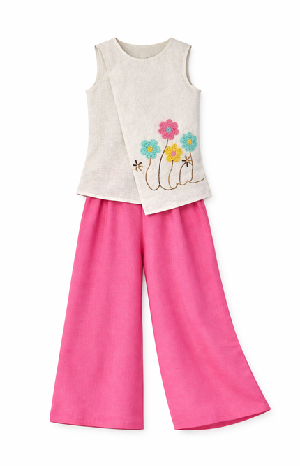 Girls' Beige Sleeveless Asymmetrical Tunic with Pink Wide-Leg Palazzo Set