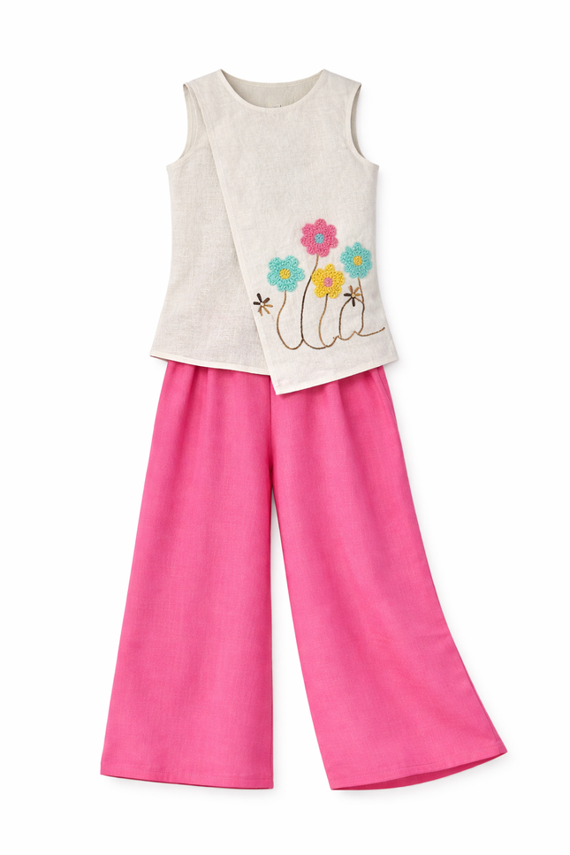Girls' Beige Sleeveless Asymmetrical Tunic with Pink Wide-Leg Palazzo Set