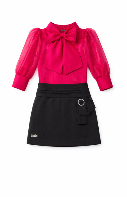 Girls' Magenta Silk-Finish Blouse with Oversized Bow and Black Mini Skirt