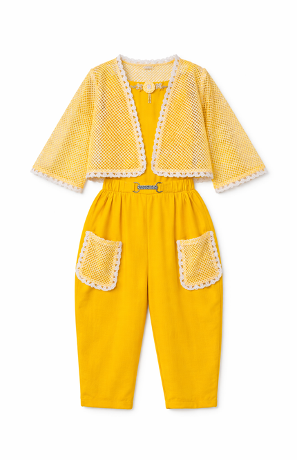 Kids' Canary Yellow Party Co-ord – Sheer Net Cape Top and Tapered Indo-Western Trousers