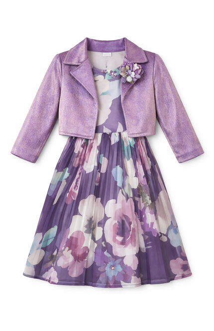 Girls' Purple Floral Pleated Party Dress with Matching Velvet Cropped Jacket