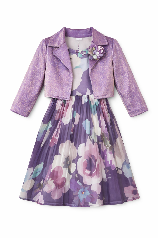 Girls' Purple Floral Pleated Party Dress with Matching Velvet Cropped Jacket