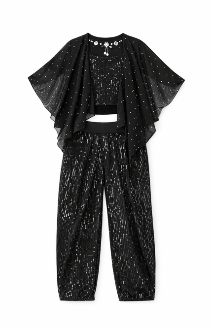 Girls' Black Sequin Crop Top and Dhoti Pant Set with Sheer Shimmer Cape