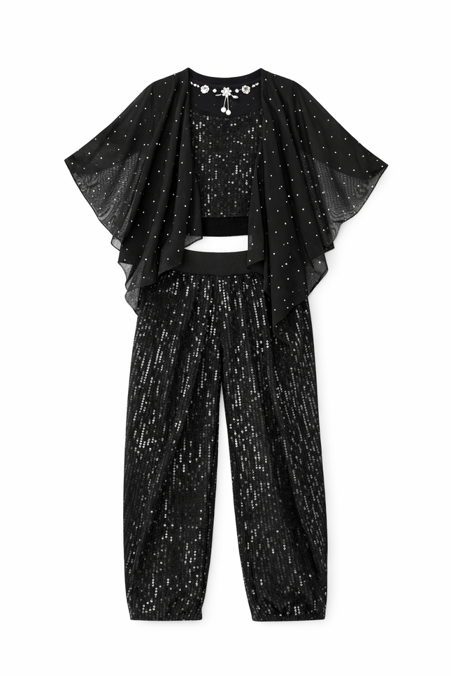 Girls' Black Sequin Crop Top and Dhoti Pant Set with Sheer Shimmer Cape