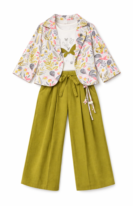 Kids' 3-Piece Botanical Co-ord – Olive Trousers, Patterned Shrug, and Sparkle Butterfly Top