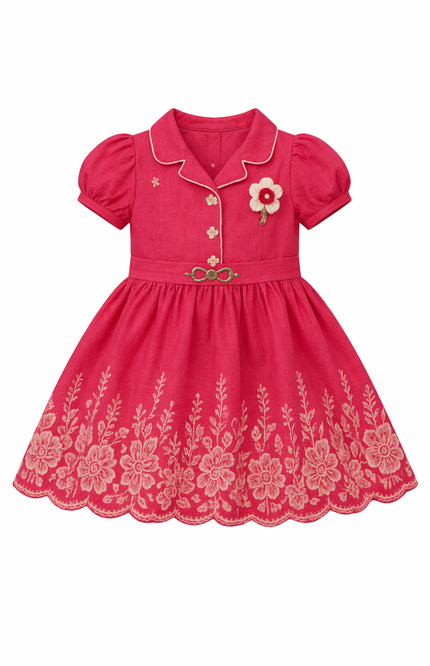 Girls' Rose Red Puff Sleeve Dress with Floral Embroidery and Scalloped Hem