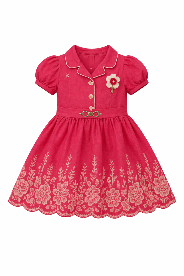 Girls' Rose Red Puff Sleeve Dress with Floral Embroidery and Scalloped Hem