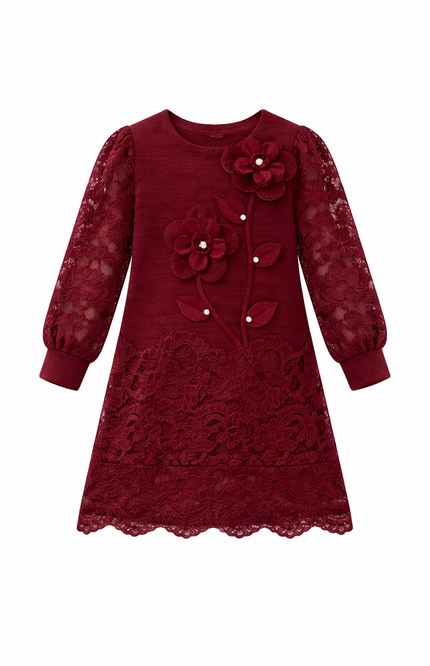 Kids' Deep Burgundy Festive Lace Dress – Elegant Floral Embellished Sheath Dress with Sheer Sleeves