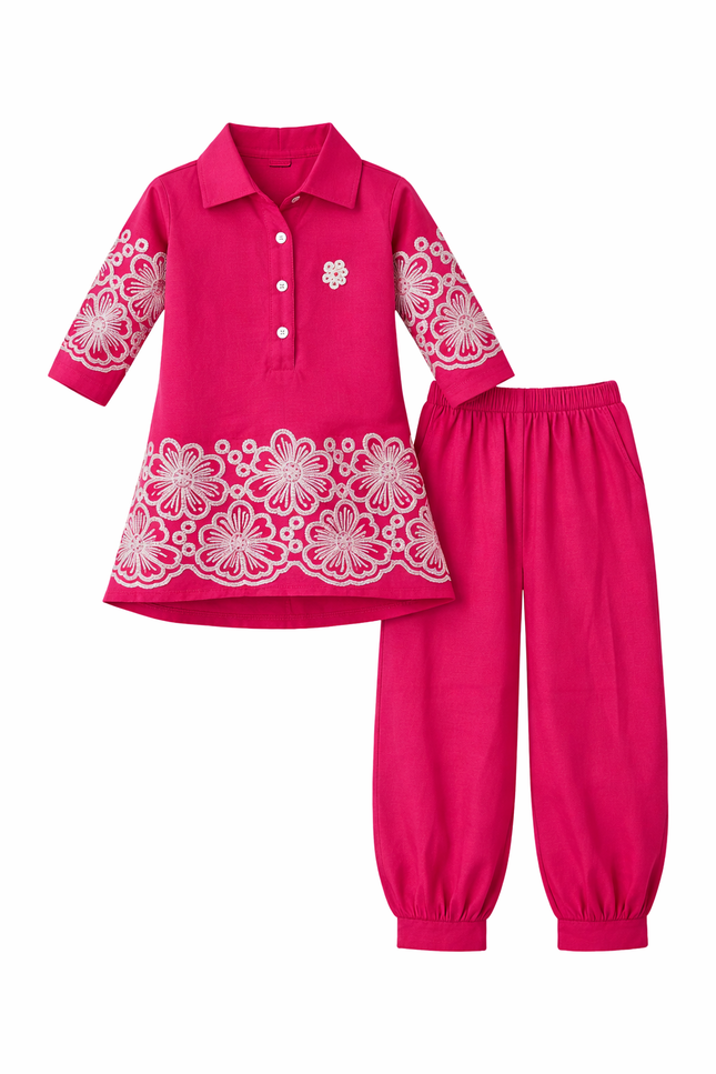 Kids' Festive Rani Pink Ethnic Co-ord – Embroidered High-Low Kurti and Matching Trousers