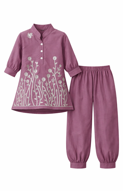 Girls' Lavender Purple Tunic and Dhoti Pant Set with Silver Floral Embroidery