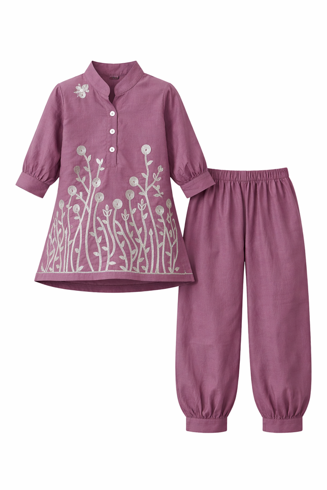 Girls' Lavender Purple Tunic and Dhoti Pant Set with Silver Floral Embroidery