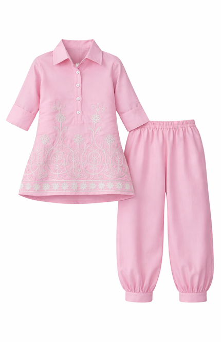 Girls' Baby Pink Tunic and Dhoti Pant Set with White Floral Embroidery