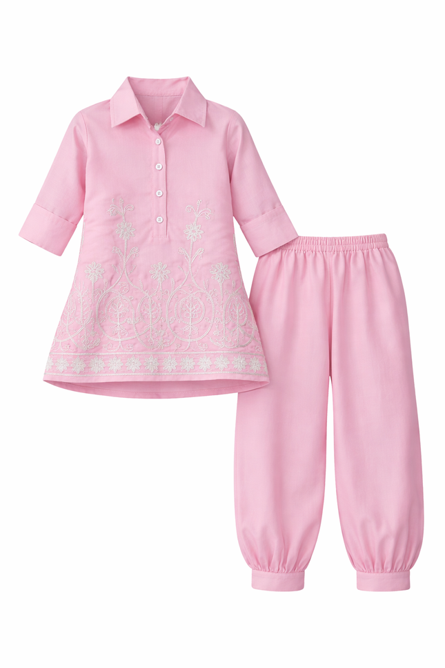 Girls' Baby Pink Tunic and Dhoti Pant Set with White Floral Embroidery