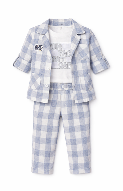 Kids' 3-Piece Casual Plaid Co-ord Set – Light Blue Gingham Jacket with Graphic Tee