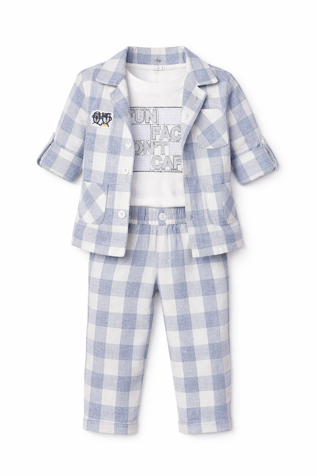 Kids' 3-Piece Casual Plaid Co-ord Set – Light Blue Gingham Jacket with Graphic Tee