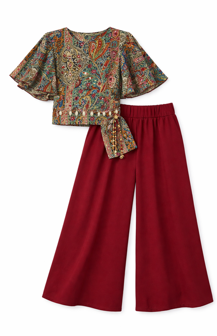 Girls' Bohemian Print Bell-Sleeve Top and Crimson Palazzo Set