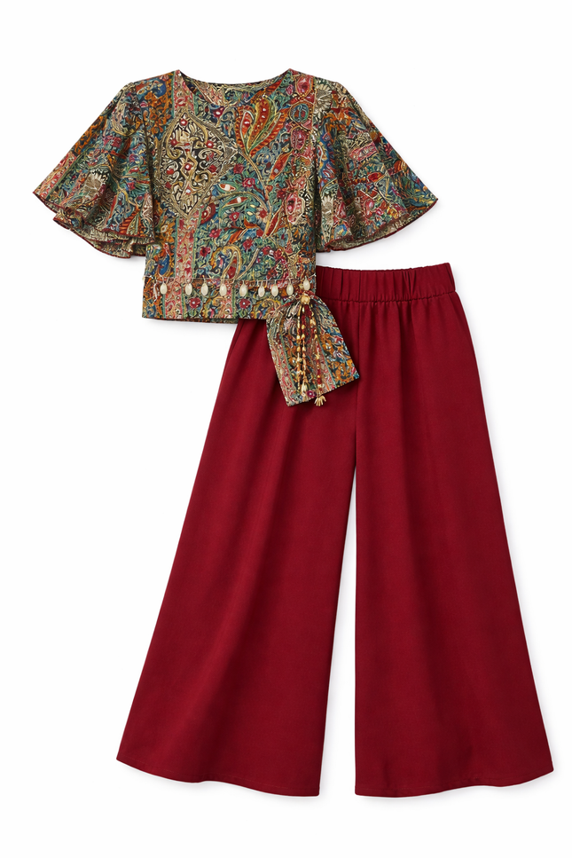 Girls' Bohemian Print Bell-Sleeve Top and Crimson Palazzo Set