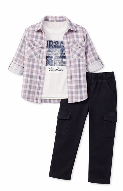 Kids' 3-Piece Smart-Casual Set – Checkered Overshirt, Graphic Tee, and Utility Cargo Pants