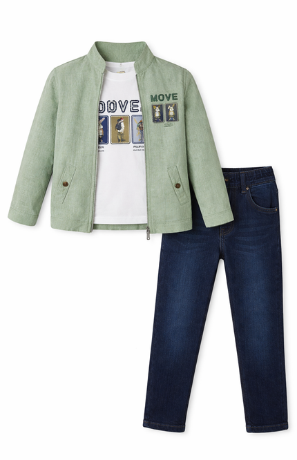 Kids' 3-Piece Casual Utility Set – Sage Textured Jacket, Graphic Tee, and Slim Fit Jeans