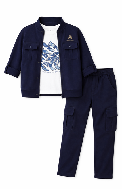 Boys' Navy Blue Utility Shacket and Matching Cargo Jogger Set