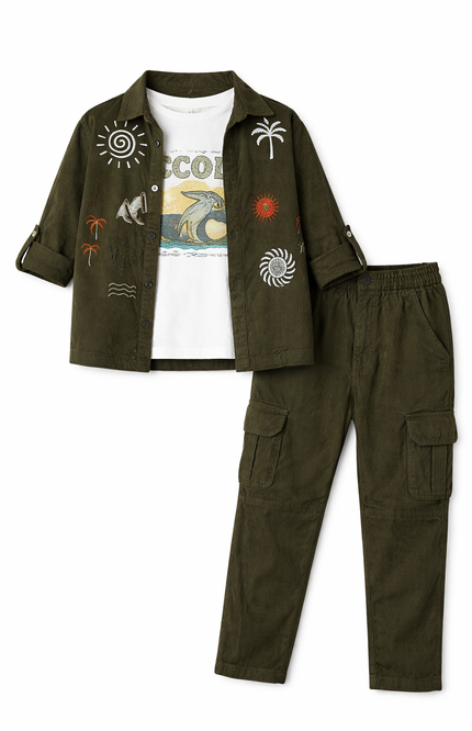 Boys' Dark Olive Embroidered Corduroy Shacket and Cargo Pant Set