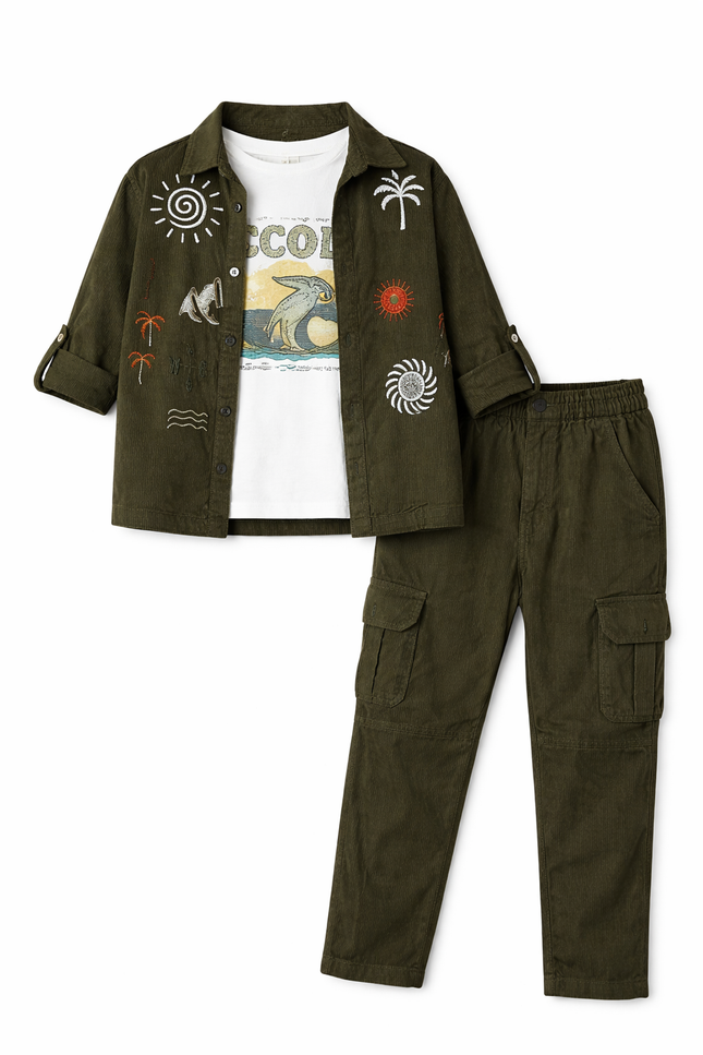 Boys' Dark Olive Embroidered Corduroy Shacket and Cargo Pant Set