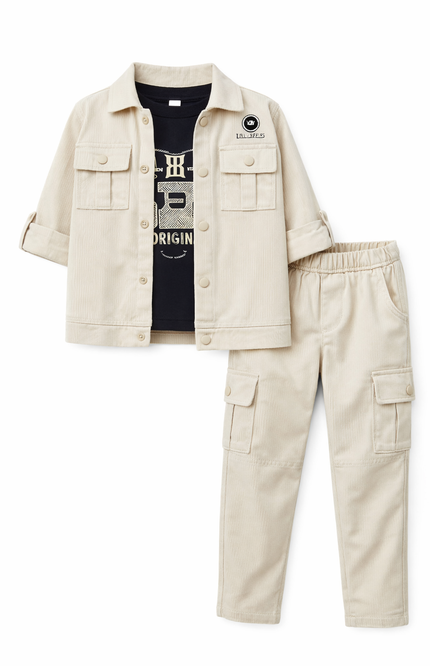 Kids' 3-Piece Sand Utility Co-ord – Textured Button-Down Jacket, Black Graphic Tee, and Multi-Pocket Cargo Pants