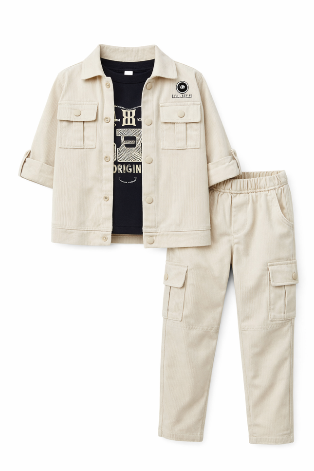 Kids' 3-Piece Sand Utility Co-ord – Textured Button-Down Jacket, Black Graphic Tee, and Multi-Pocket Cargo Pants