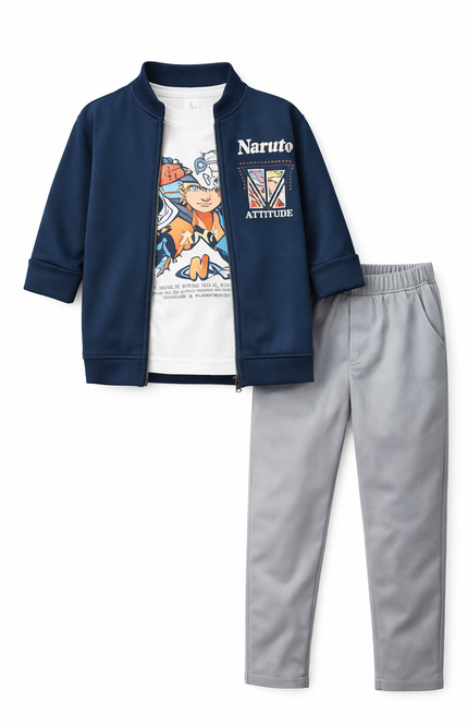 Boys' Teal Zip-Up Bomber Jacket and Grey Chino Pant Set – Anime Edition