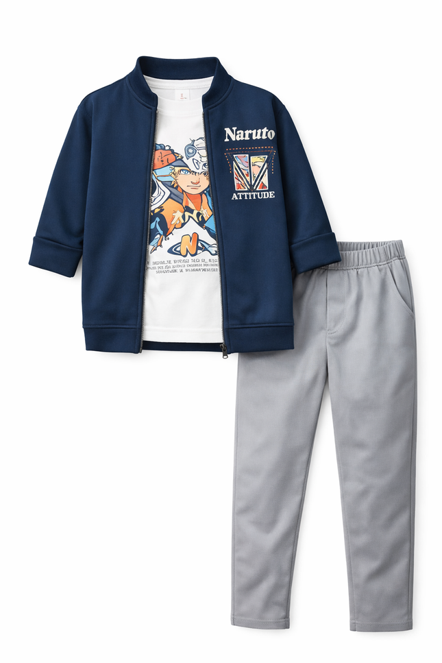 Boys' Teal Zip-Up Bomber Jacket and Grey Chino Pant Set – Anime Edition