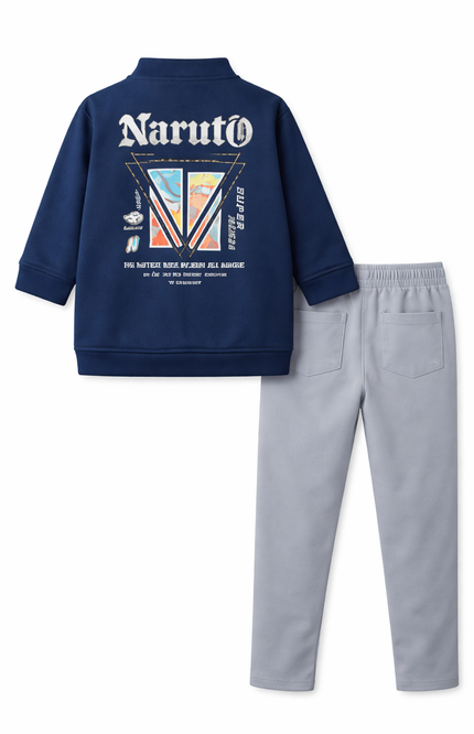 Boys' Teal Zip-Up Bomber Jacket and Grey Chino Pant Set – Anime Edition