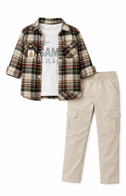 Boys' Plaid Button-Down Shirt and Beige Cargo Pant Set