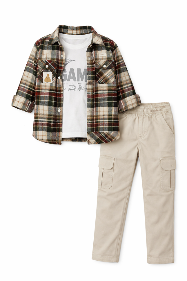 Boys' Plaid Button-Down Shirt and Beige Cargo Pant Set