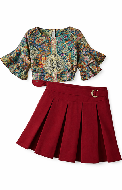 Girls' Bohemian Print Ruffle-Sleeve Top and Maroon Pleated Skirt Set