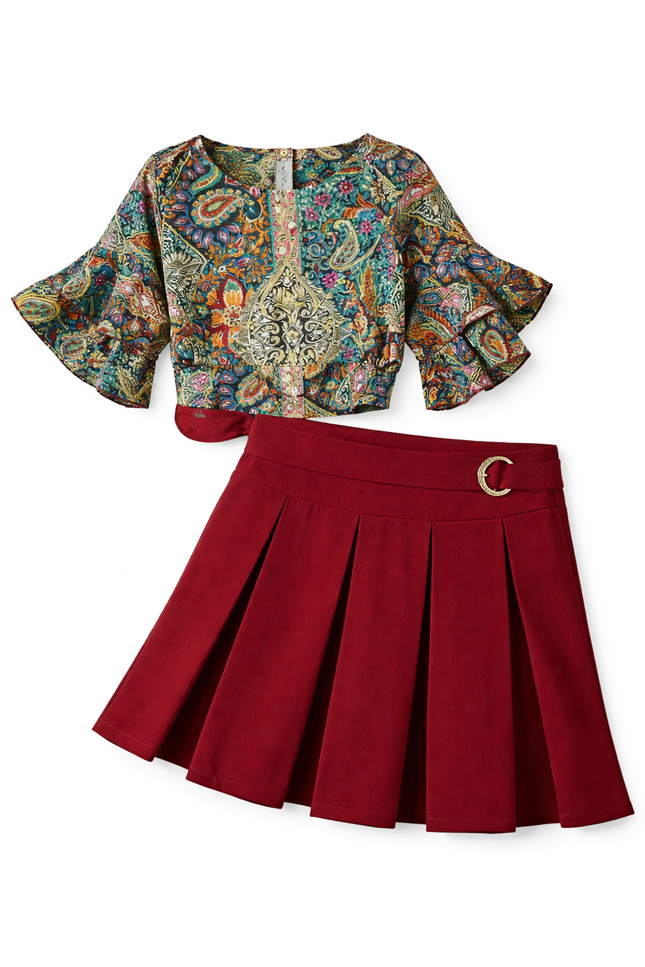 Girls' Bohemian Print Ruffle-Sleeve Top and Maroon Pleated Skirt Set