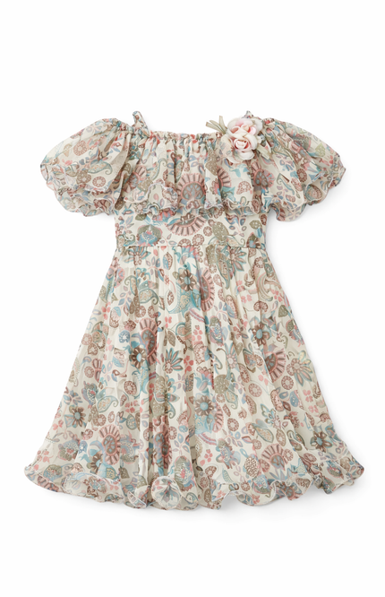 Girls' Floral Chiffon Ruffle Dress with Flower Corsage